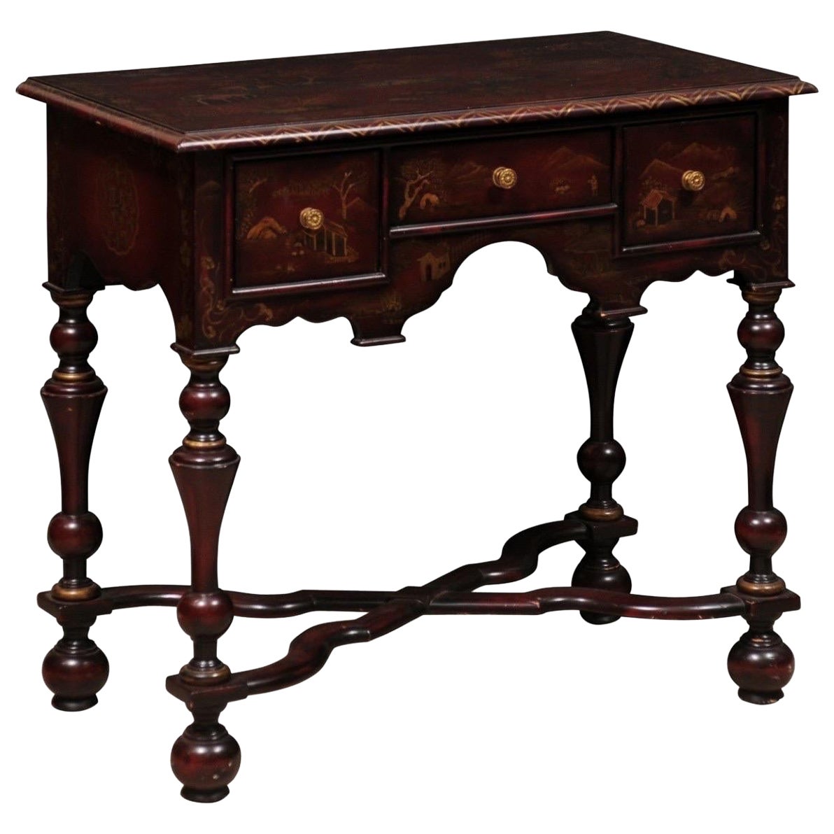 Niedriger Kommodentisch im William & Mary-Stil in Burgunderrot, bemalt, Chinoiserie-Thema im Angebot