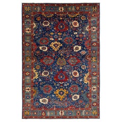 Modern Serapi-Style Wool Rug In Navy Blue Featuring an Allover Floral Design