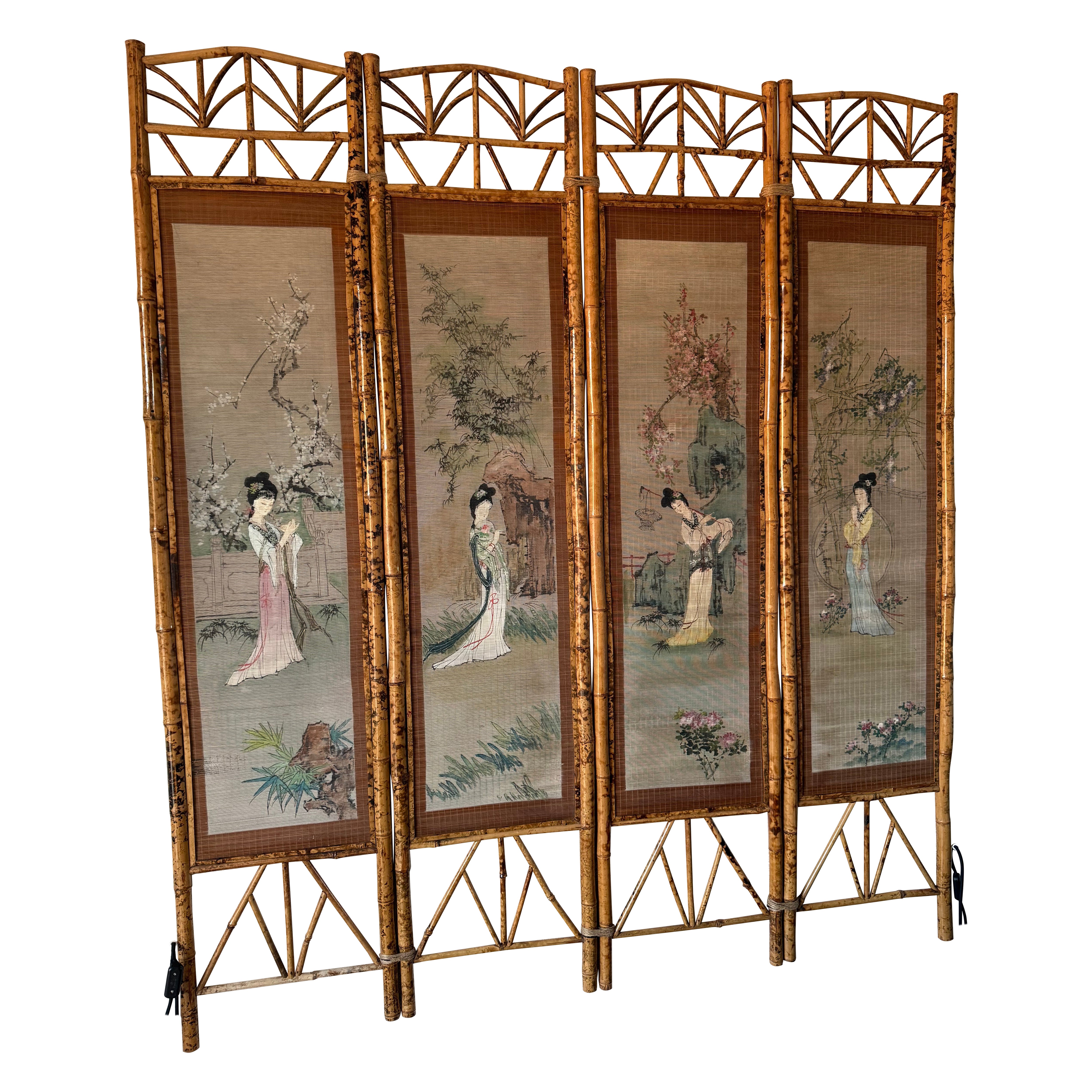Oriental Bamboo Decorative Panel on Straw of Geisha Women 1950s