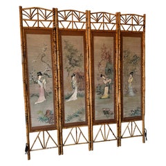 Pannello Decorativo orientale in bambù decori su paglia di donne Geisha 1950