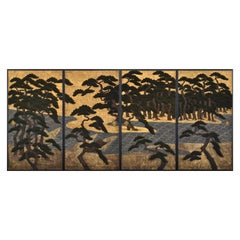 Set di porte scorrevoli giapponesi (Fusuma) del 1700 circa. Pini in riva al mare.