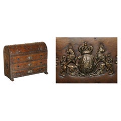 ANTIQUE SPANISH LEATHER DOMED TOP ARMORIAL CREST COAT OF ARMS CHEST OF DRAWERs