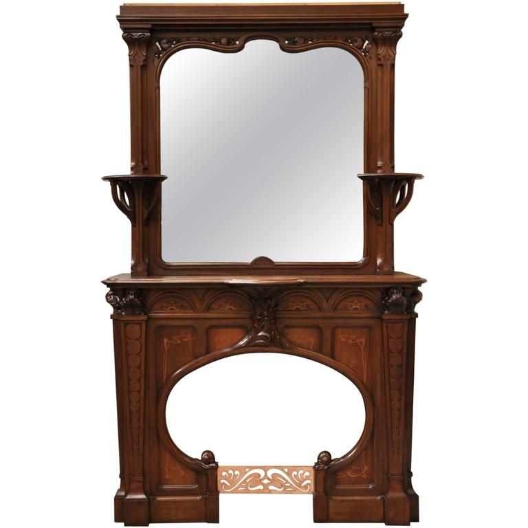 Rare Art Nouveau Mahogany Fireplace with Inlay Work, circa 1900 at 1stDibs