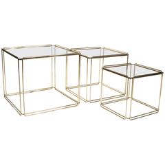 Set of Three Nesting Tables by Max Sauze France, 1970s Gold Metal and Glass
