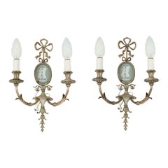 Antique Pair Silver Plated Jasperware two branch wall lights sconces