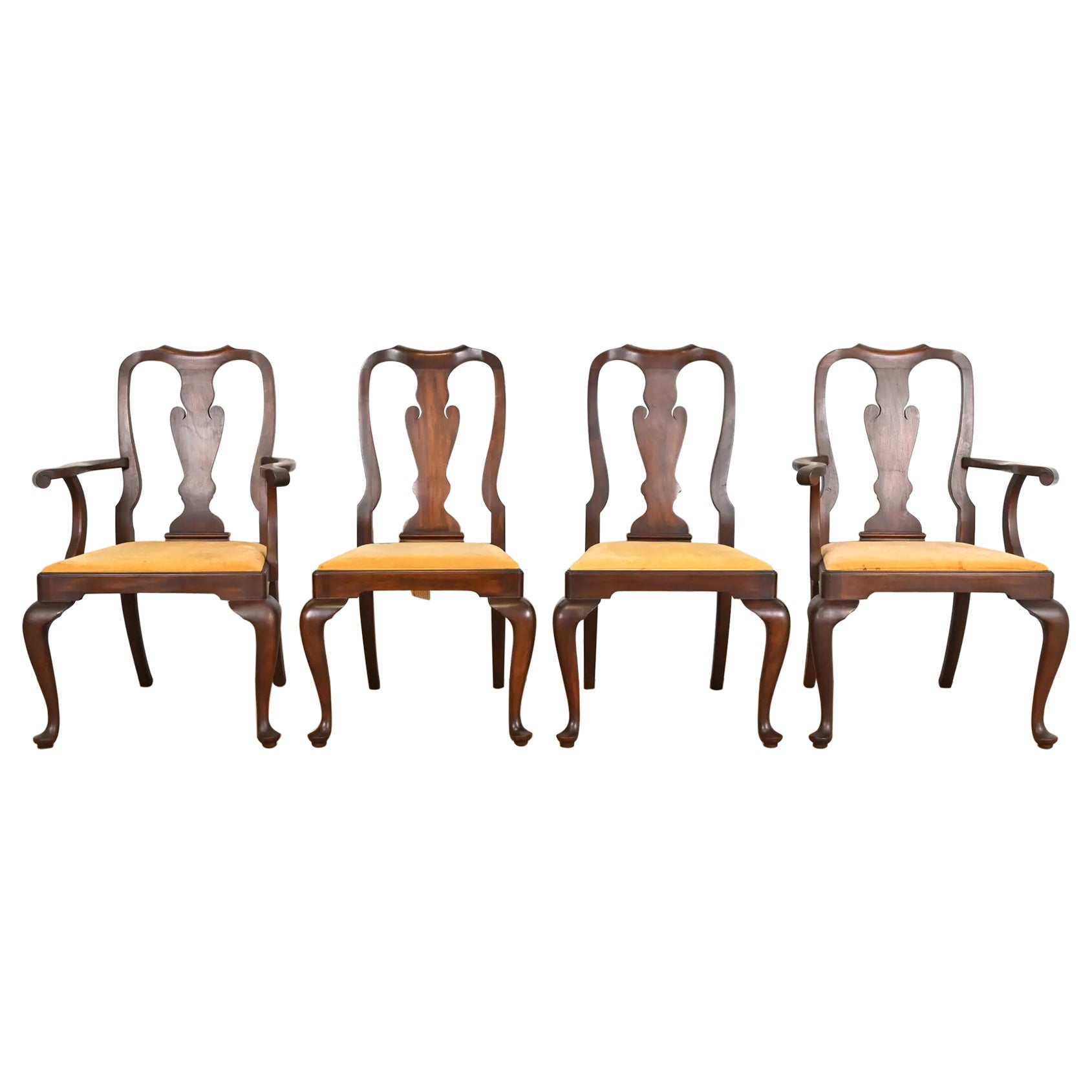Henkel Harris Queen Anne Solid Mahogany Dining Chairs, Set of Four