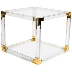 French Lucite and Brass Side or Coffee Table, 1970s