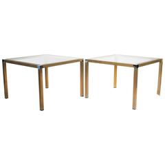 Pair of Striped Brass and Chrome Side Tables with Glass Top