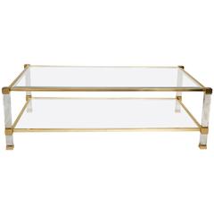 Pierre Vandel Lucite and Brass Coffee Table, France, 1970s