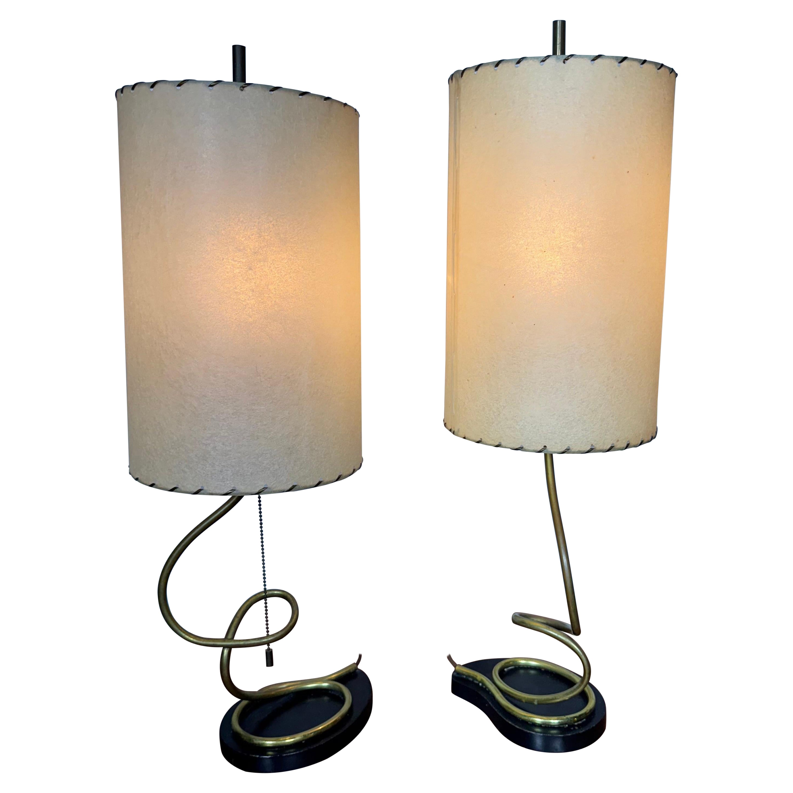 Pair Modernist Coil Brass and Metal Table Lamps , Majestic / Heifetz For Sale