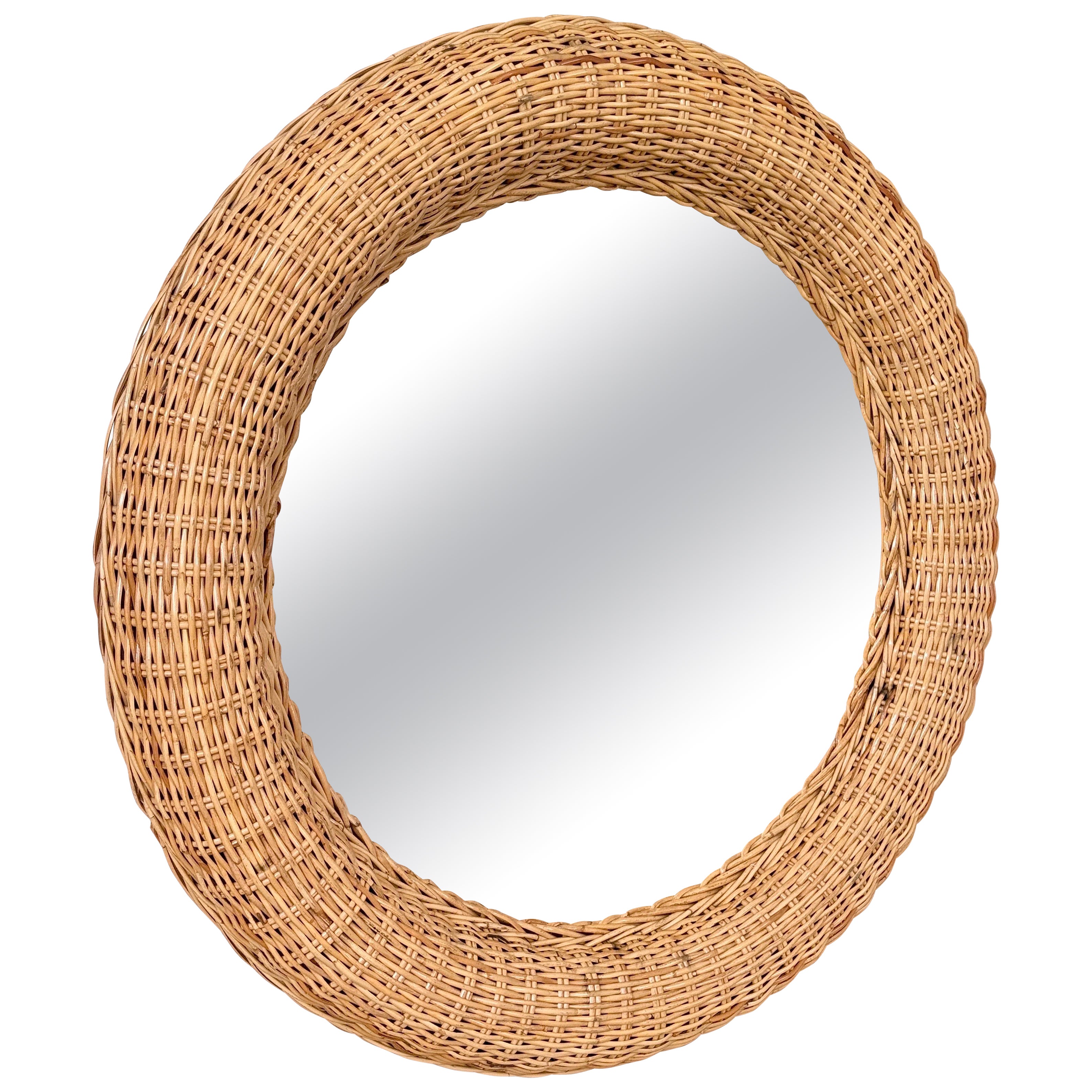 Monumentale specchio da parete in rattan a treccia organica moderna e costiera grande di Wicker Works