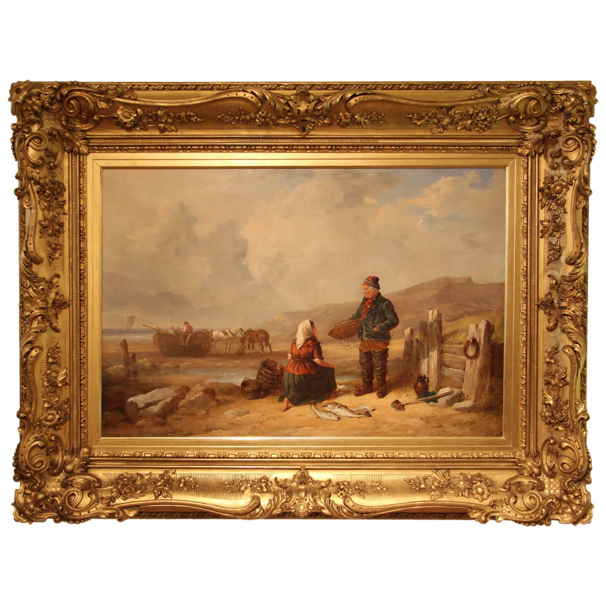 "Fisherfolk by the Shore" Large Oil Painting by Isaac Henzell For Sale