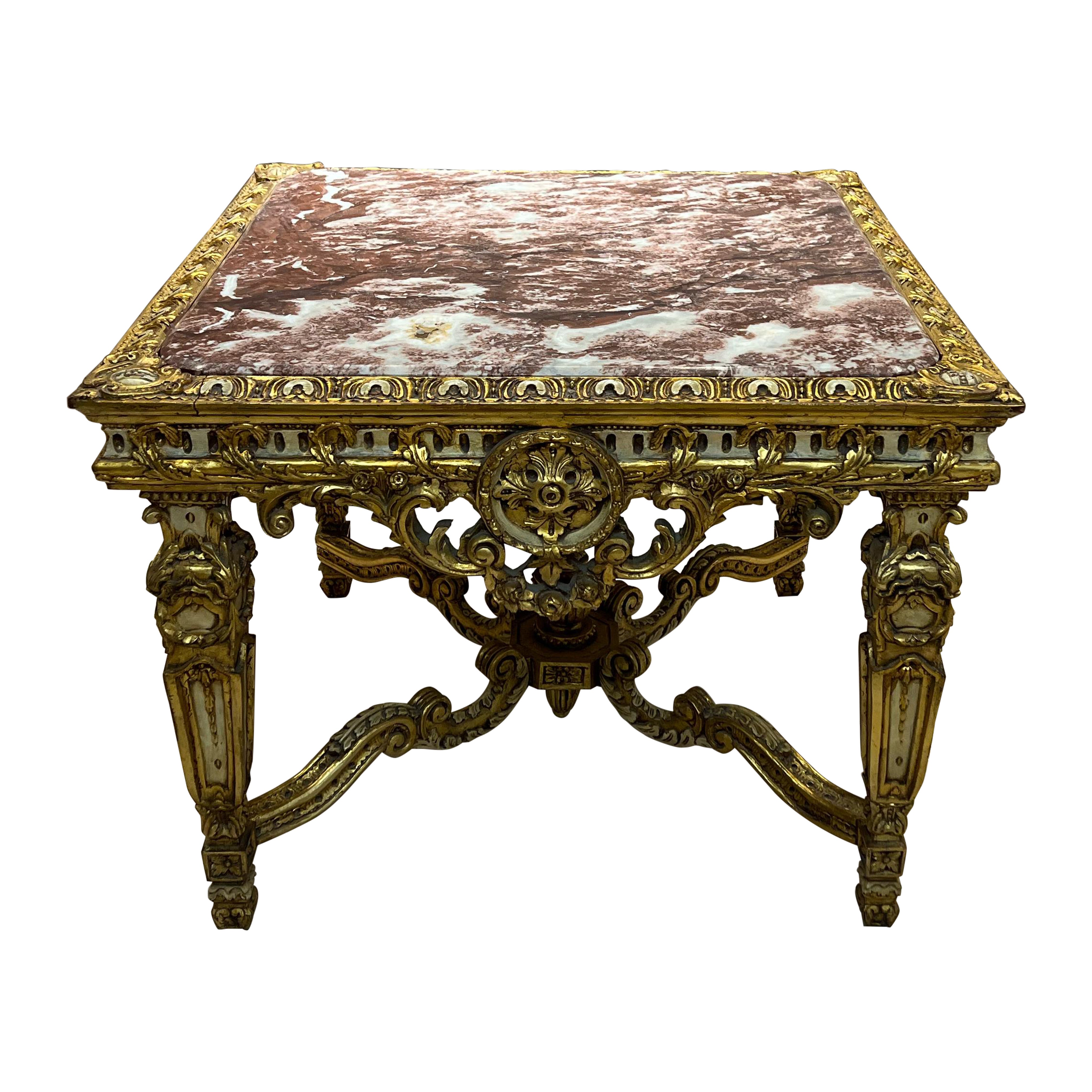 Antique Baroque-Style Table with Marble Top and Gilded Wood Base