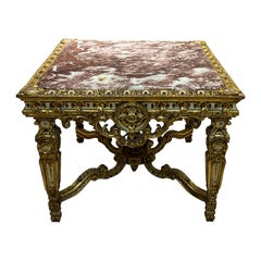 Mesa Antigua de Estilo Barroco con Tapa de Mármol y Base de Madera Dorada