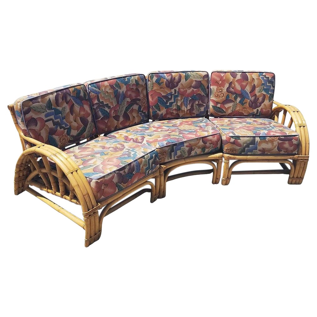 Restored Mid-century 3 Strand Rattan Spoke Half Moon Arm Corner Sectional Sofa