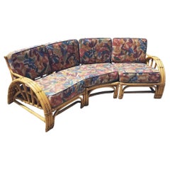 Restored Mid-century 3 Strand Rattan Spoke Half Moon Arm Corner Sectional Sofa