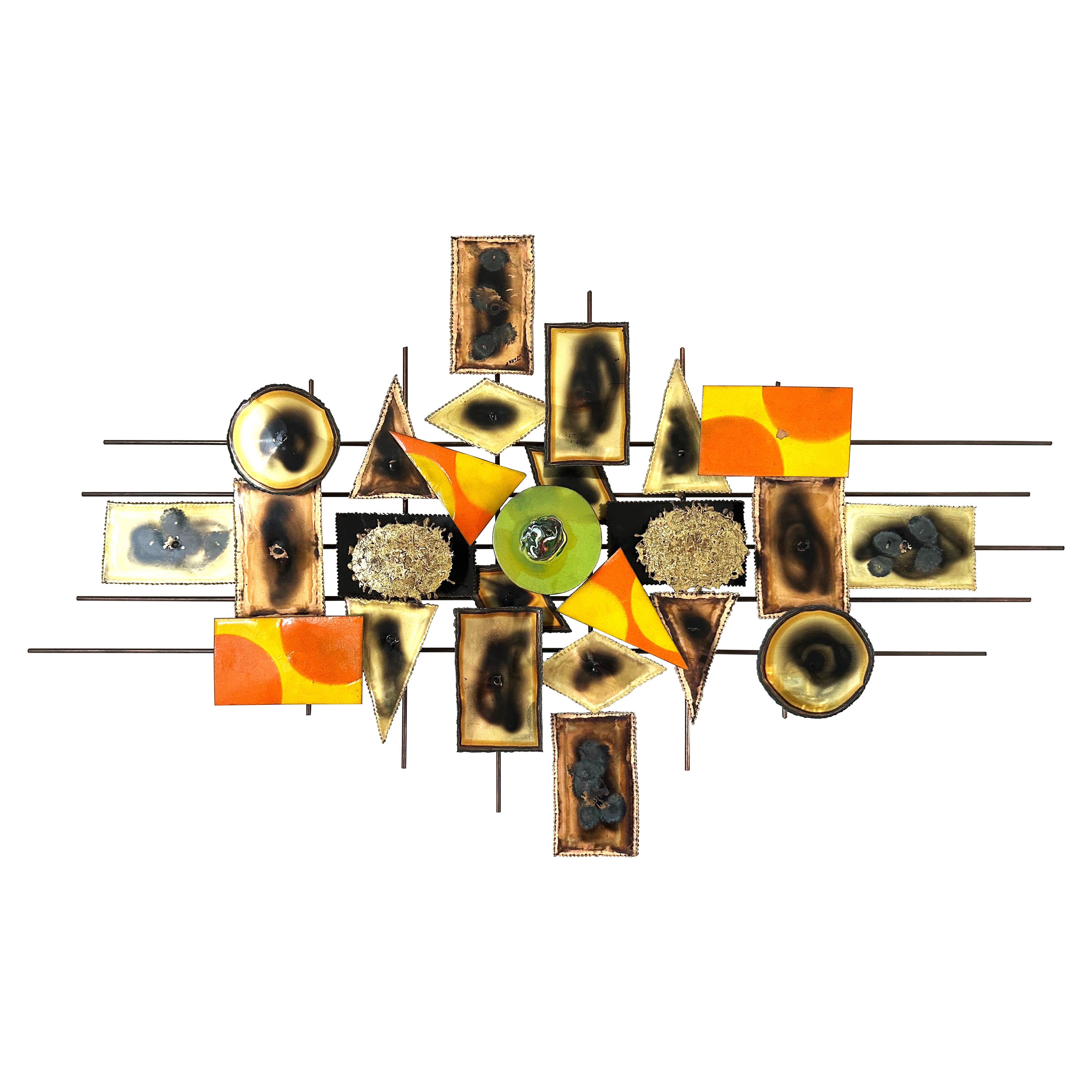 Brutalist Mid-Century Wall Sculpture in Mixed Metals by Jorge, Signed