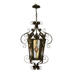 c.1920 French Hand-Wrought Iron Lantern with Stained Glass All Original