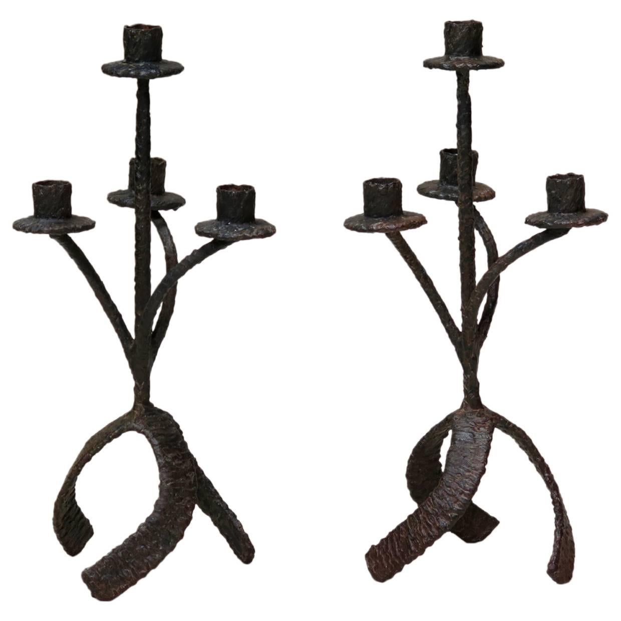 Pair of Helicoidal Iron Candelabras, France, circa 1950s For Sale