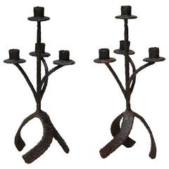Vintage Pair of Helicoidal Iron Candelabras, France, circa 1950s