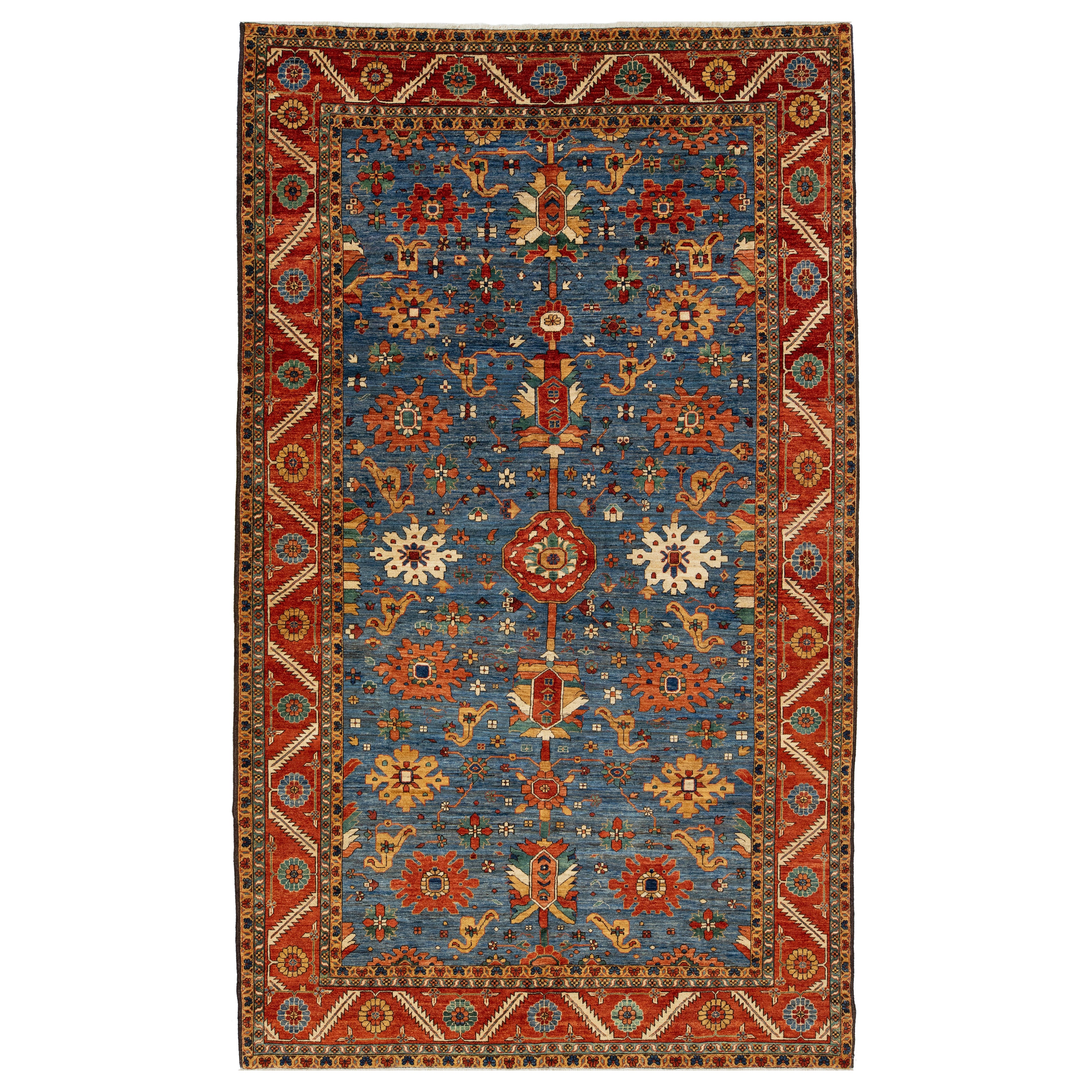 8 x 14 Contemporary Serapi-Style Blue Wool Rug Featuring a Floral Design For Sale