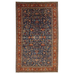 Oversized Modern Serapi-Style Wool Rug in Navy Blue with Allover Floral Design