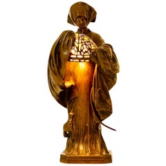 Lampada da tavolo Leo Laporte-Blairsy Art Nouveau in bronzo