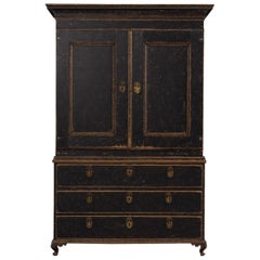 18th c. Swedish Gustavian Period Black Painted Linen Press Cabinet