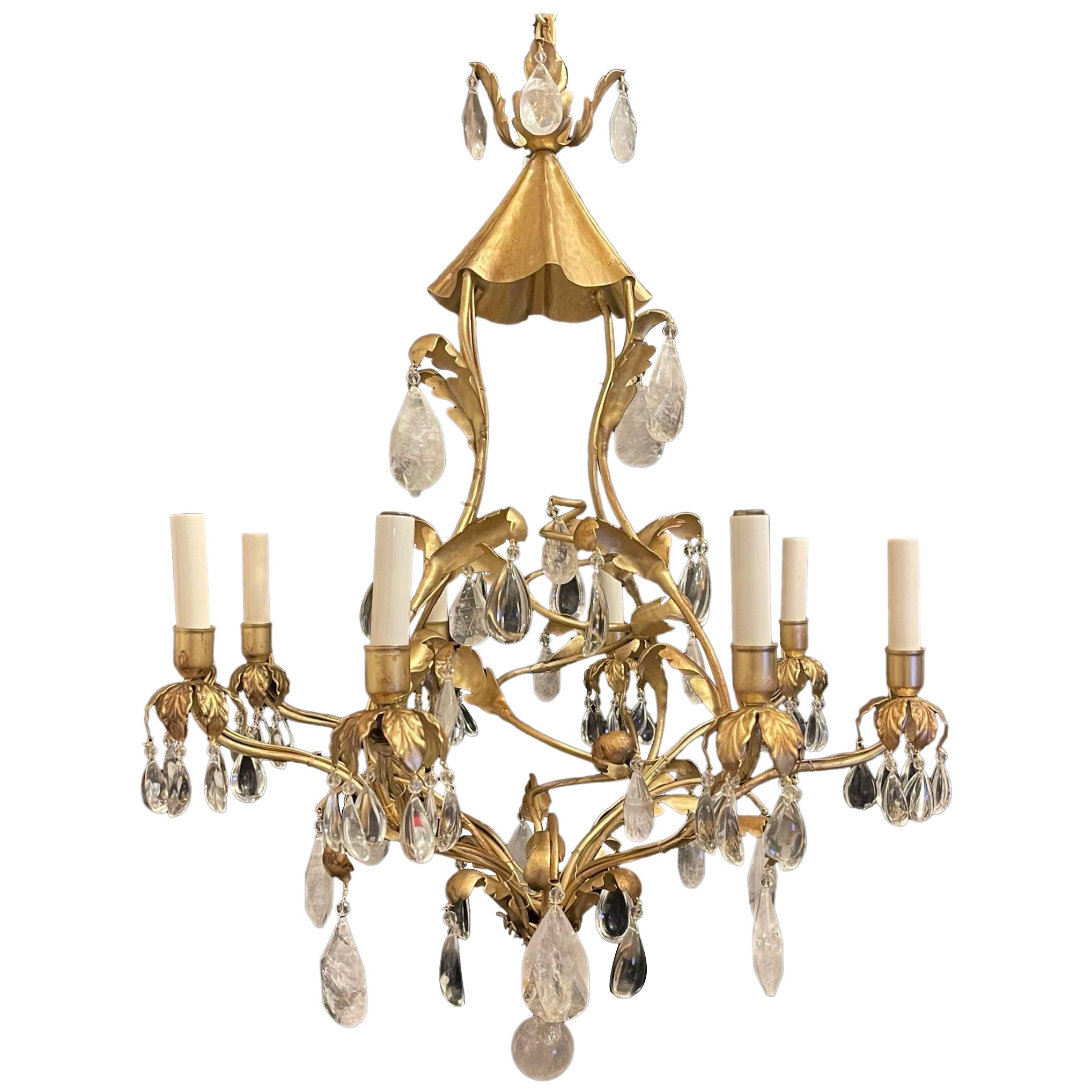 Wonderful Baguès Gold Gilt Pagoda Chinoiserie Rock Crystal Vintage Chandelier