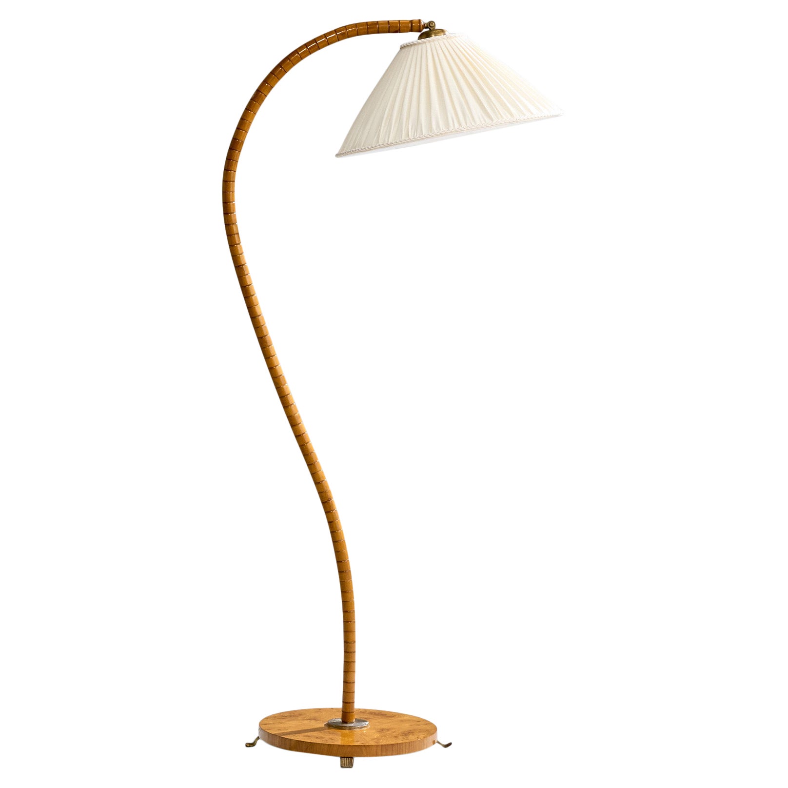 Swedish Designer, Floor Lamp, Burl, Wood, Metal, Brass, Fabric, Sweden, 1940s For Sale
