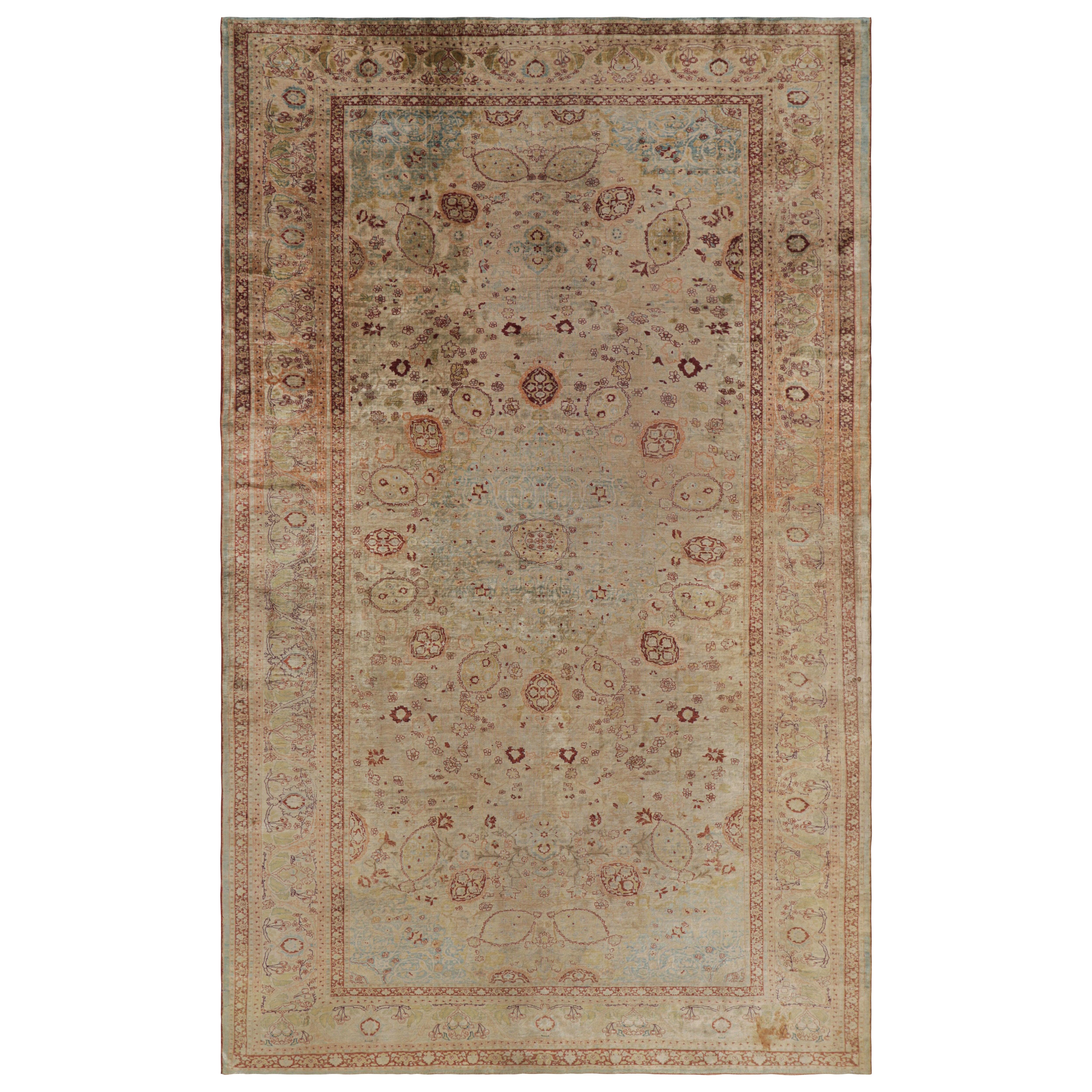 Antique Persian Tabriz Rug in Beige-Brown and Red Floral Patterns - Rug & Kilim