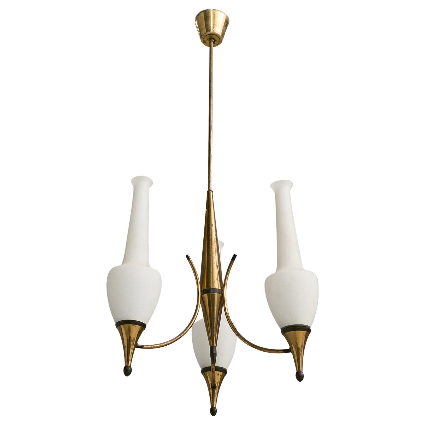 Italian Designer, Chandelier, Brass, Metal, Glass, Italy, 1960s