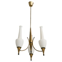Italian Designer, Chandelier, Brass, Metal, Glass, Italy, 1960s