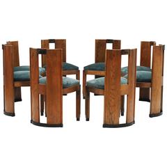 Antique Set of Eight Oak and Ebony Art Deco Barrel Chairs Belgium, circa 1920