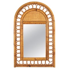 Italian Riviera Rattan Woven Mirror with Arch Top, 1950s