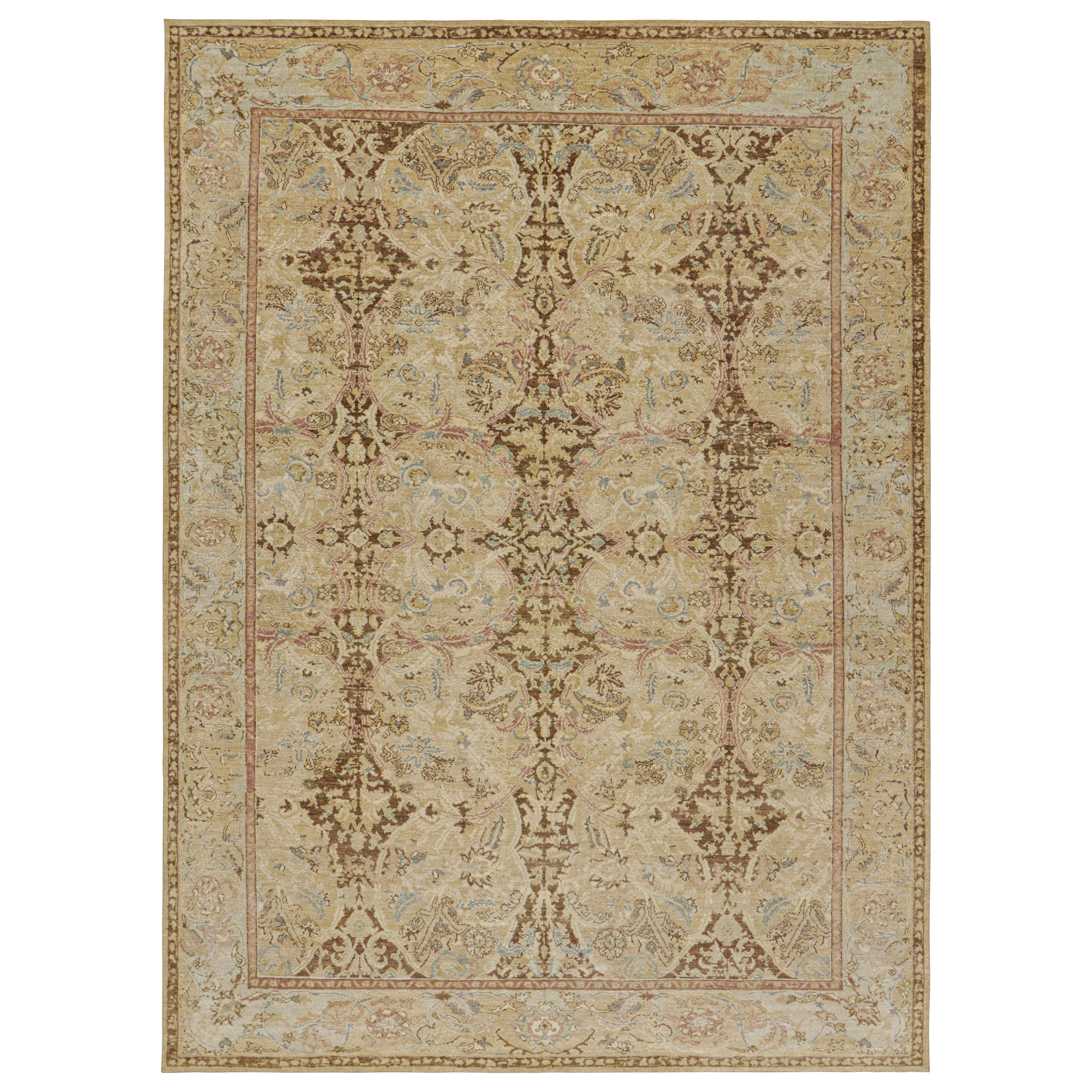 Rug & Kilim’s Polonaise Style Rug in Beige-Brown and Blue with Floral Patterns For Sale