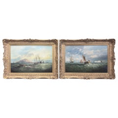 Pair of 19th Century English Signed Framed Oil on Canvas Marine Seascapes