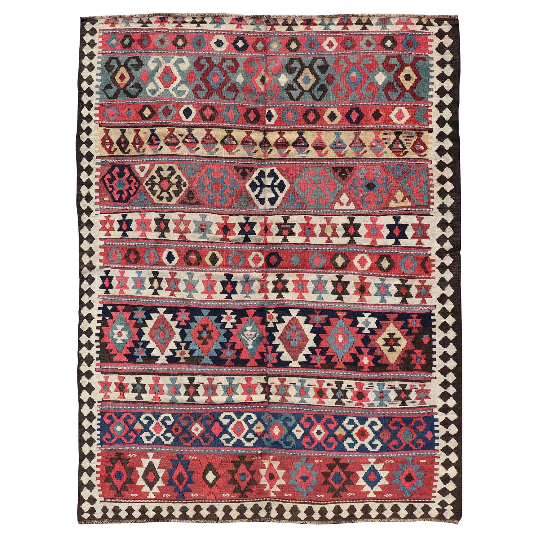 Persian Kilim Rug with Bold Tribal Geometric Patterns in Vivid Colors 4'9 x 6'9 For Sale