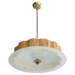 Finnish Designer, Pendant Light, Brass, Glass, Reed, Finland, 1930s