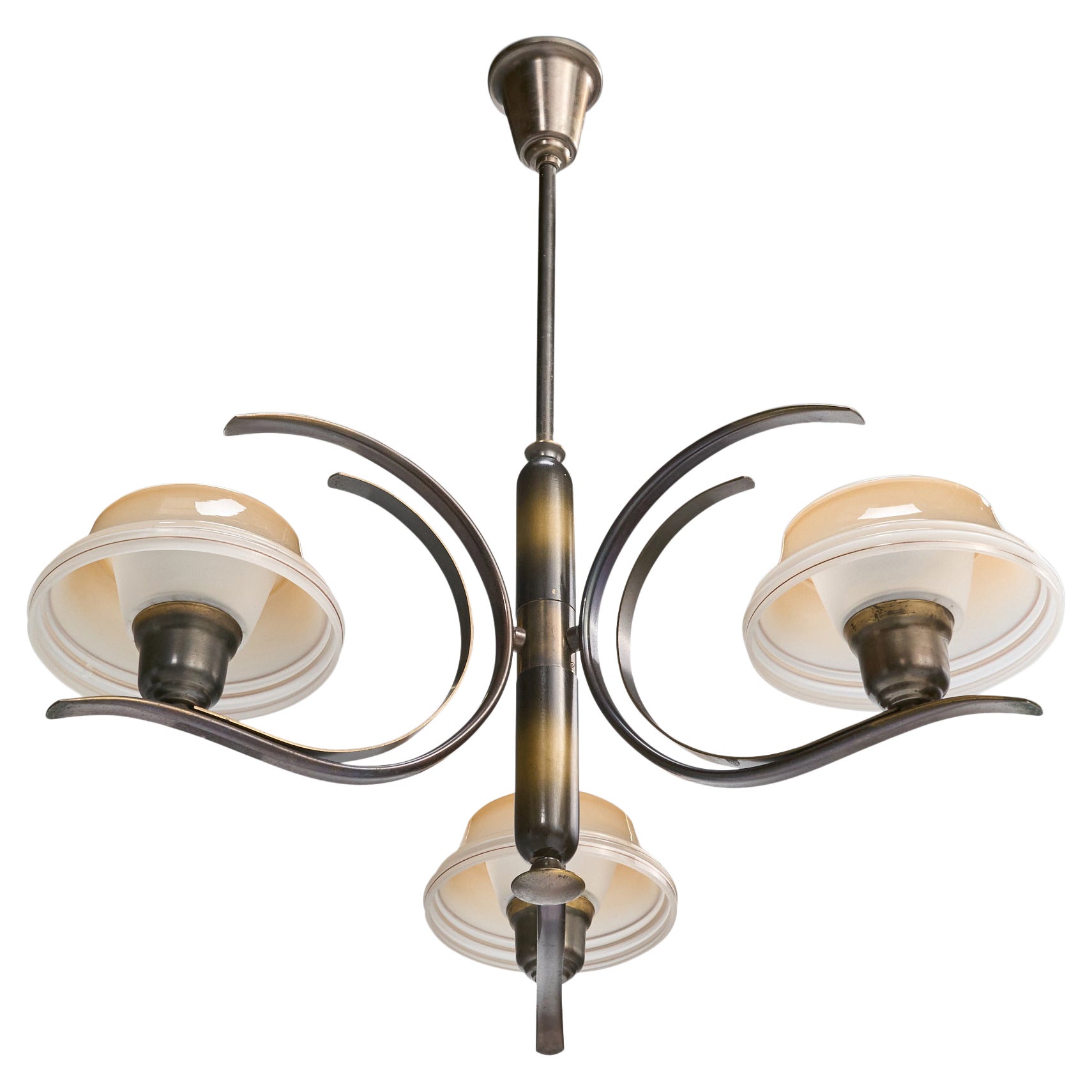 Swedish Designer, Chandelier, Brass, Wood, Glass, Sweden, 1930s