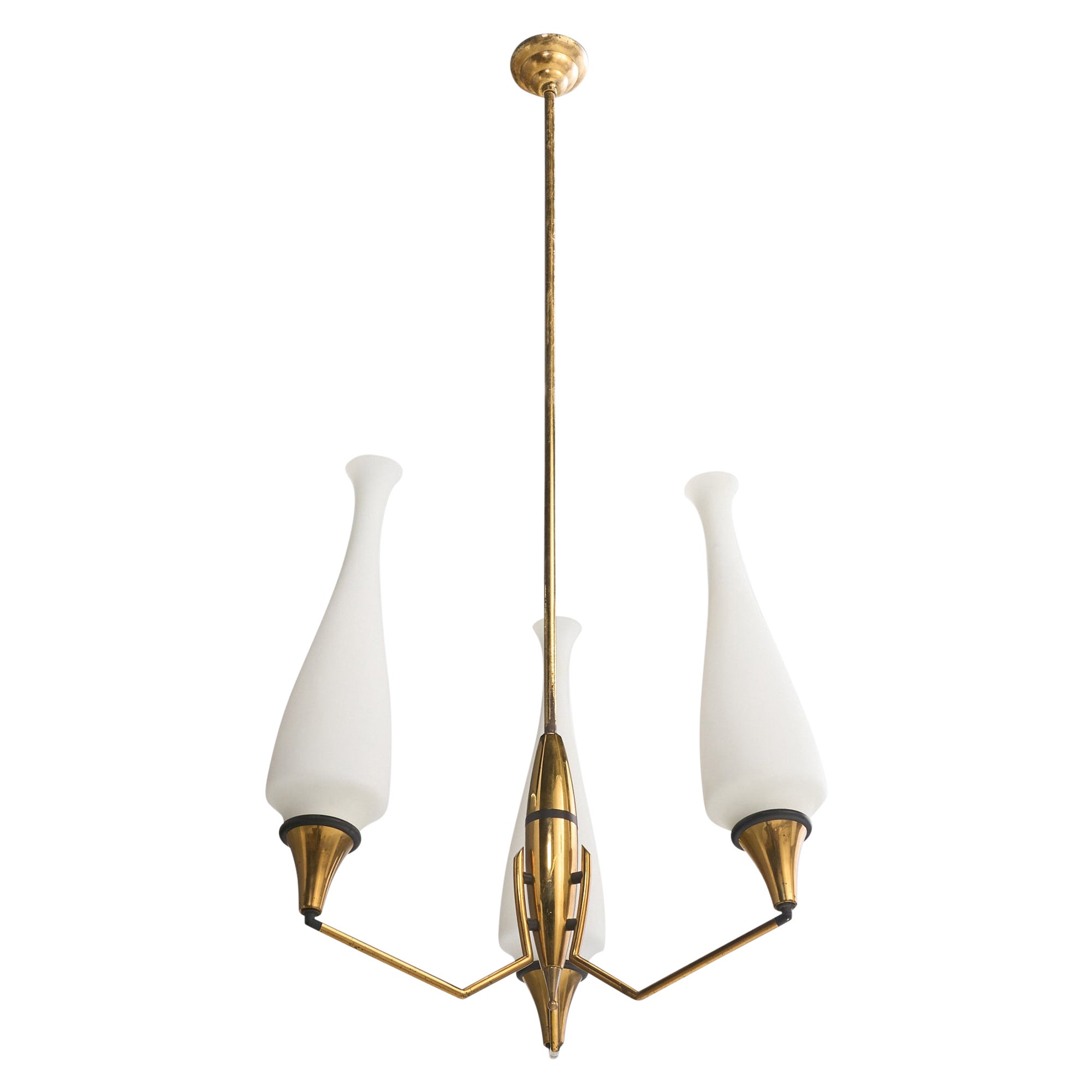 Italian Designer, Chandelier, Brass, Metal, Glass, Italy, 1960s