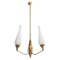 Italian Designer, Chandelier, Brass, Metal, Glass, Italy, 1960s