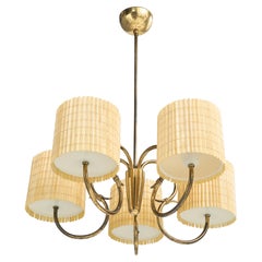 Idman, Chandelier, Brass, Glass, Reed, Finland, 1950s