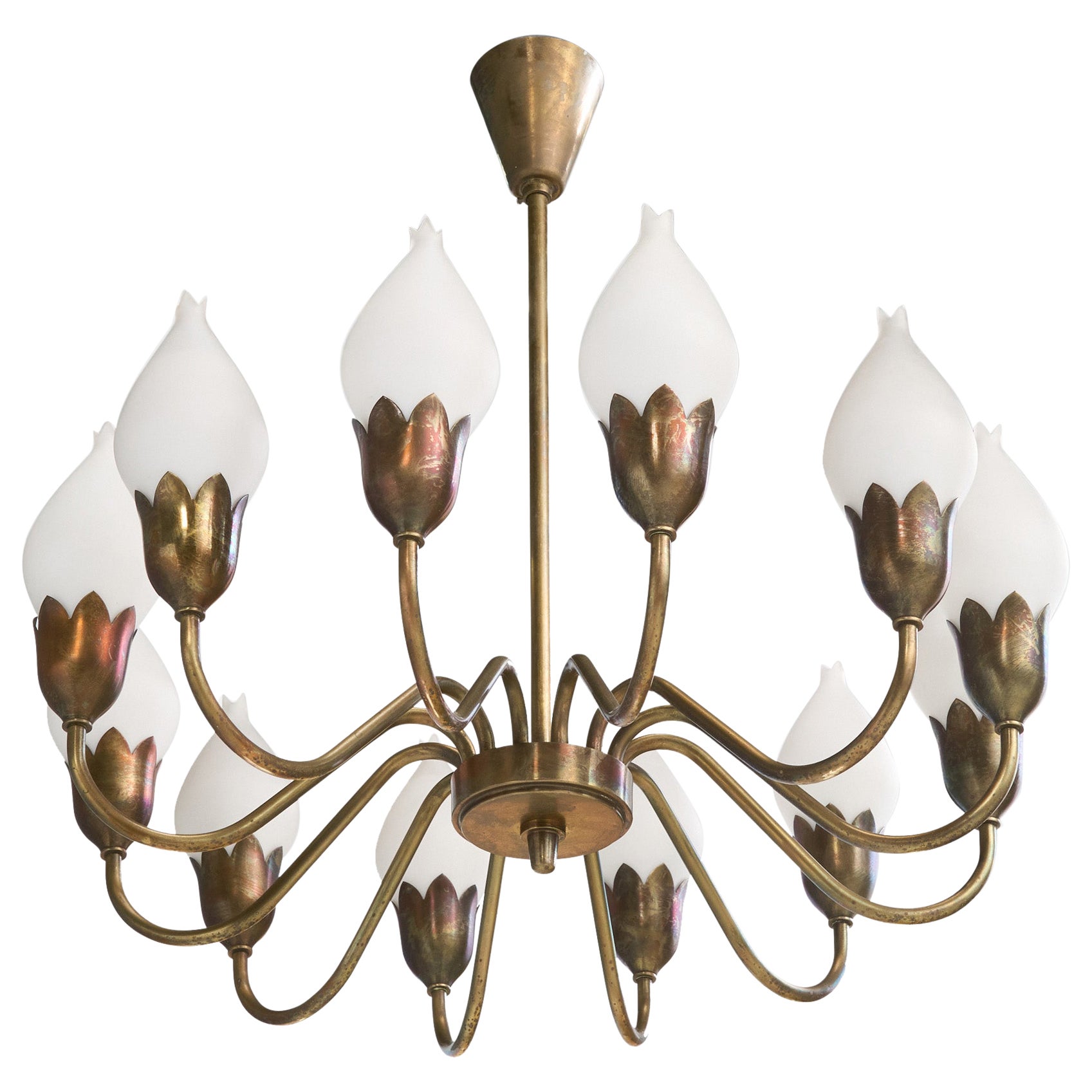 Fog & Mørup, Chandelier, Brass, Glass, Denmark, 1950s