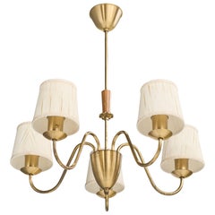 Lampadario di design svedese, ottone, Oak, tessuto, Svezia, anni '40