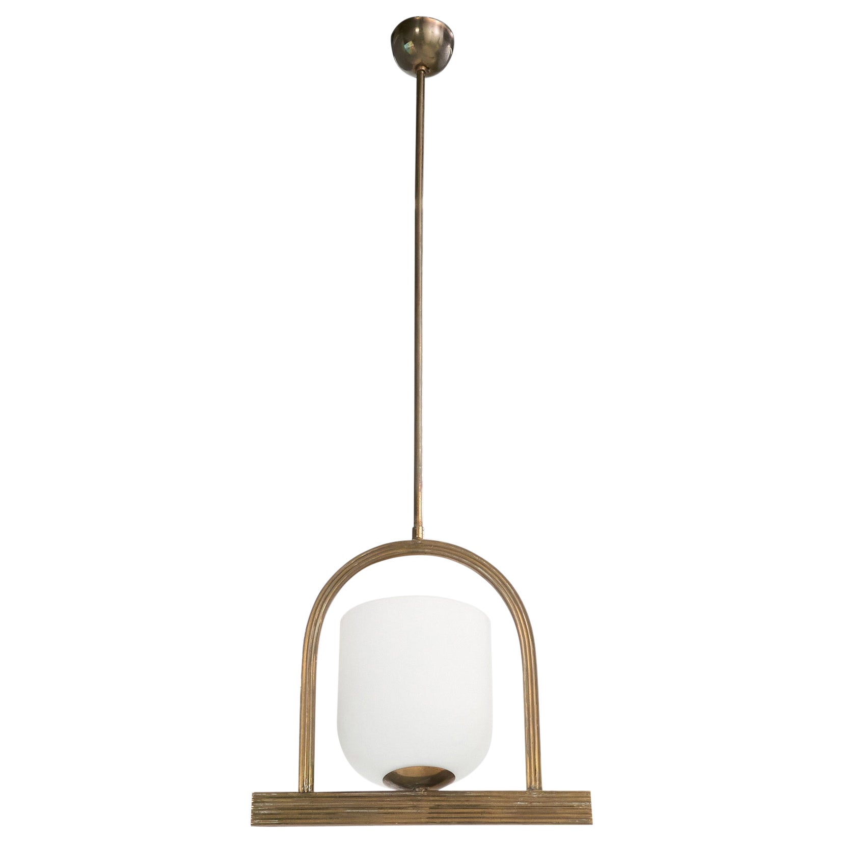 Italian Designer, Pendant Light, Brass, Glass, Italy, 1940s For Sale