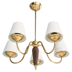 Swedish Designer, Chandelier, Brass, Wood, Fabric, Sweden, 1950s