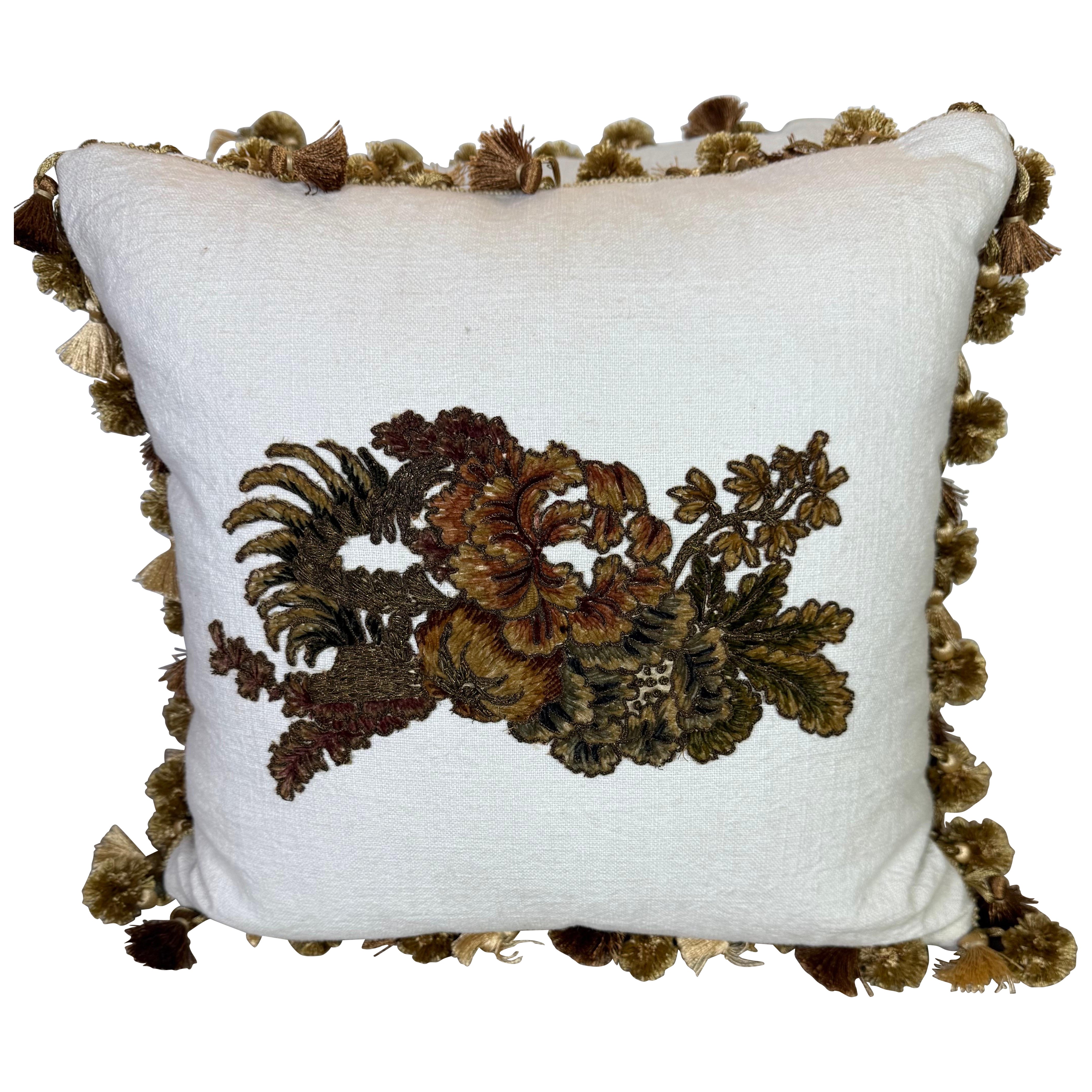 Pair of White Linen Pillows w/ French Appliques