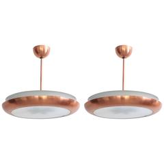 1 of 2 1930s Copper Pendant Lamps with Glass Diffuser Bauhaus 8
