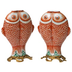 Pair of Double Carp Chinese Bronze-Mounted Export Porcelain, Qing Dynasty